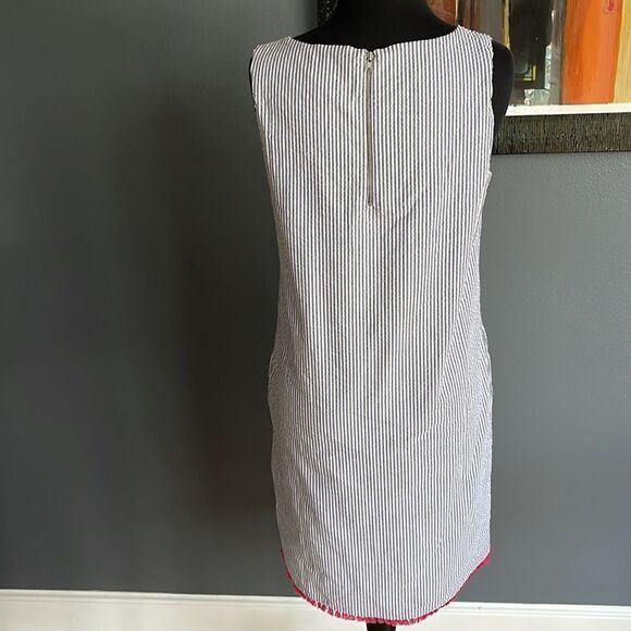 Heyton gray/white stripe seersucker midi shift. Fuschia fringed hem. New. Size 2 - Picture 4 of 6